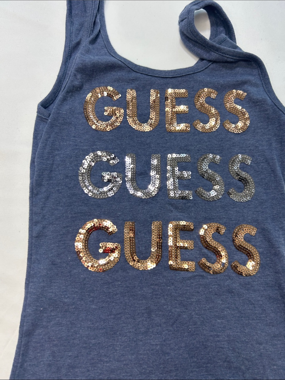 Guess Navy Tank Top with Gold and Silver Sequin Logo